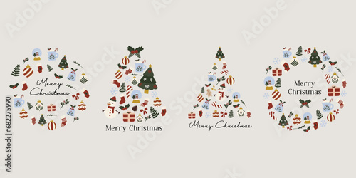 Christmas tree collage of christmas elements collection. Colourful hand drawn vector flat illustration. For winter poster, card, scrapbooking, invitation, social media, post, prints