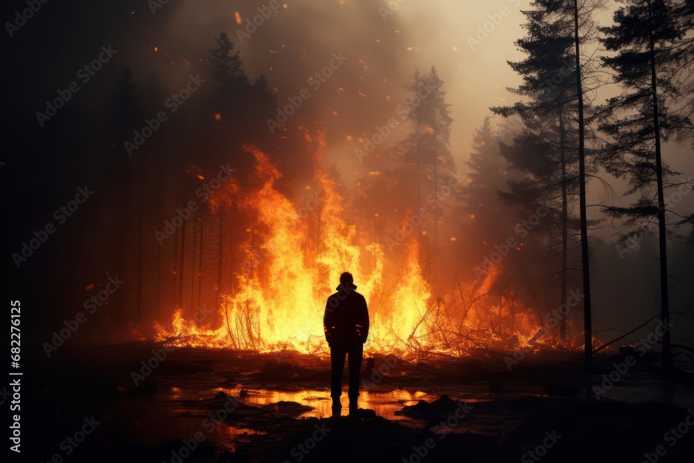 Silhouette of man against background of forest fire. Generative AI Silhouette of man against background of forest fire. Generative AI