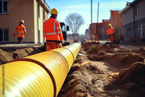Workers in uniform laying a yellow pipeline in a trench. Generative AI photo