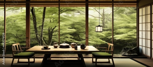 In Japan, the serene atmosphere of a traditional Japanese tea house combines the calming properties of matcha, the vibrant green tea, with the peacefulness of nature and the simplicity of white, wood