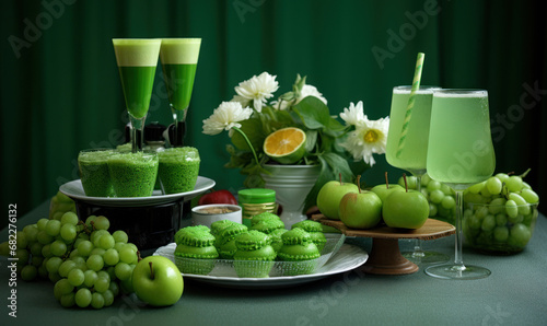 Green-colored food and drinks on a table, such as green beer, cupcakes, or fruits, Saint Patrick's day food concept