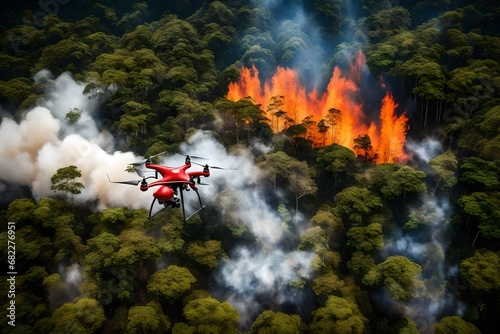 A high-tech forest fire suppression system using drones equipped with firefighting capabilities to protect the tropical ecosystem.