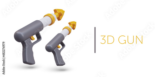 Side view on realistic 3d guns with yellow arrows. Weapon composition for sea hunt. Placard with text and white background. Vector illustration in 3D style