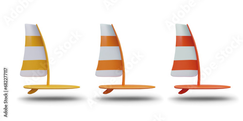 Concept of windsurfing sport. Board with sail in yellow, orange, and red colors. Concept of sea sport. Vector illustration in 3d style on white background with shadow