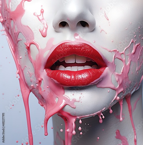Abstract artistic portrait of a face covered with dripping pink and white paint