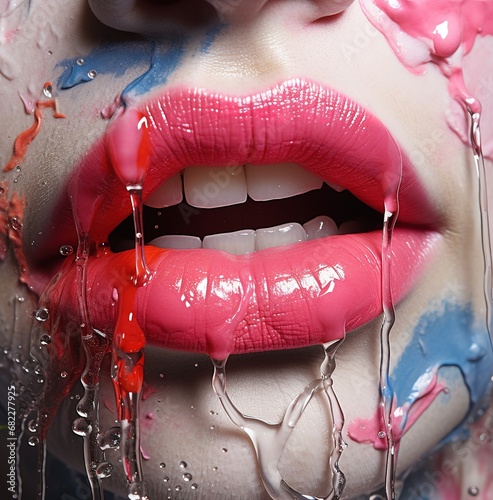Abstract artistic portrait of a face covered with dripping pink and white paint