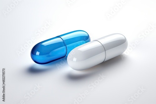 Close up view of a blue and white pills, capsules on White background.