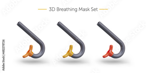 Snorkel. Set of isolated illustrations in different colors. Equipment for underwater swimming. Breathing under water. Sports equipment. Realistic vector image