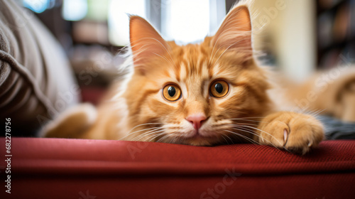 Adorable fluffy wheaten ginger red cat relaxing on table © Natia