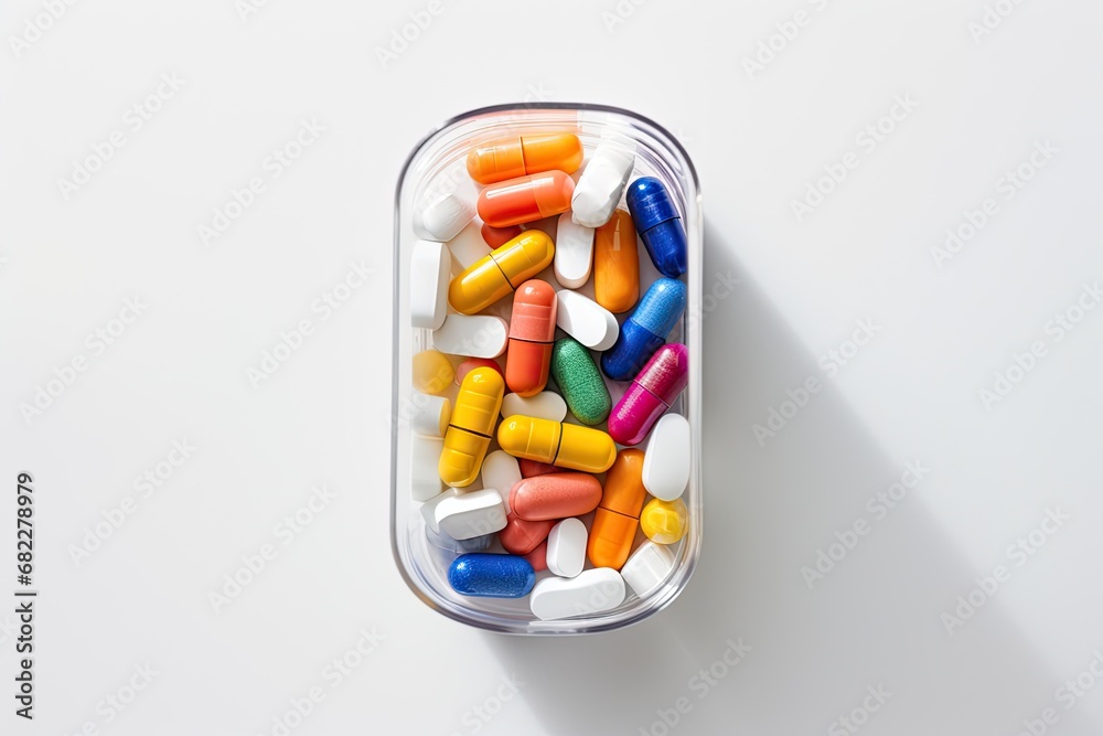 Plastic container with coloured pills on white background Plastic container with coloured pills on white background