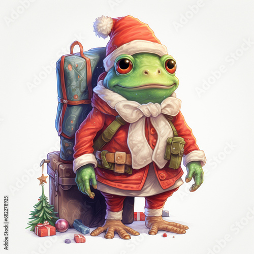 white background clipart, cute frog dressed as Santa Claus holding Christmas items created with Generative Ai