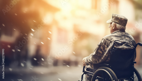 Old man on a wheelchair on a gurney in autumn park photo