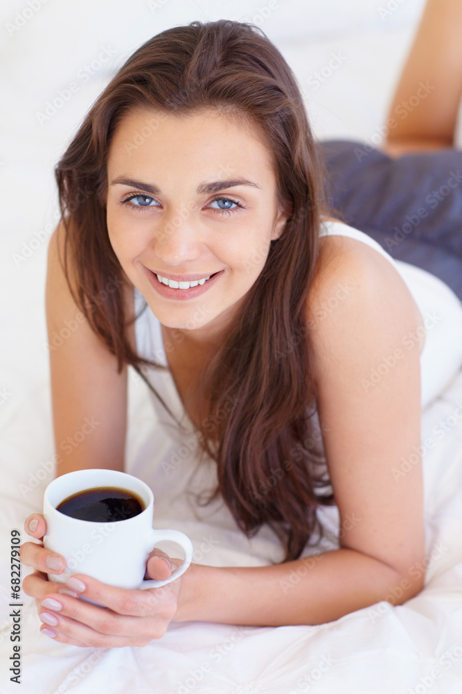 Coffee, bed and portrait of happy woman in morning, wake up or natural wellness in home on calm summer weekend. Relax, drink and peace, smile on face and girl in apartment, bedroom or house with rest Coffee, bed and portrait of happy woman in morning, wake up or natural wellness in home on calm summer weekend. Relax, drink and peace, smile on face and girl in apartment, bedroom or house with rest