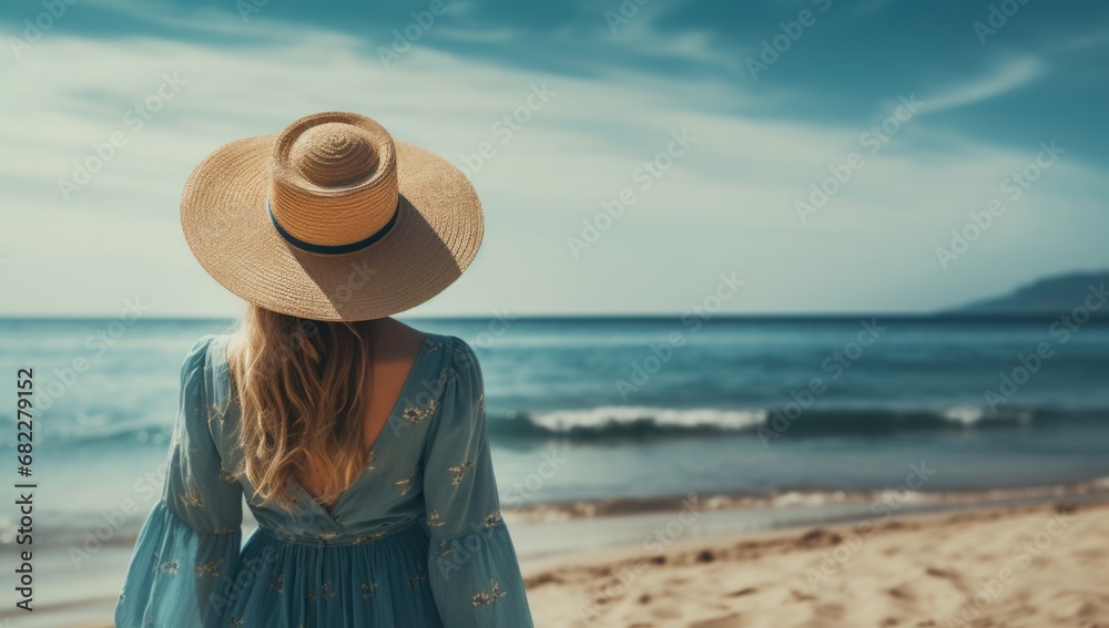 A Serene Woman Embracing the Sun's Warmth on a Beautiful Seaside