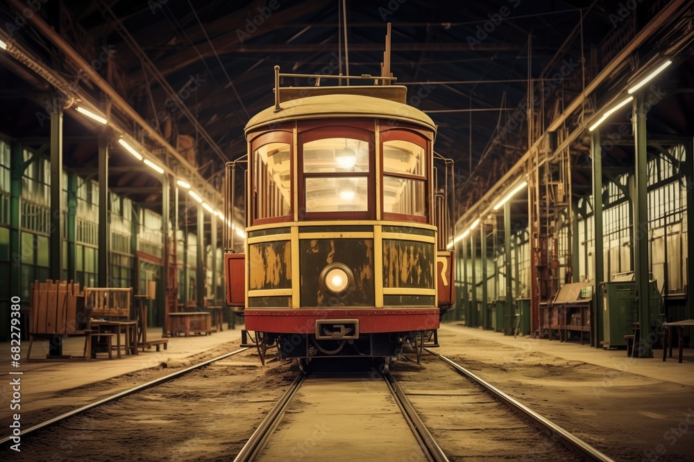 vintage style cable car stored in a depot