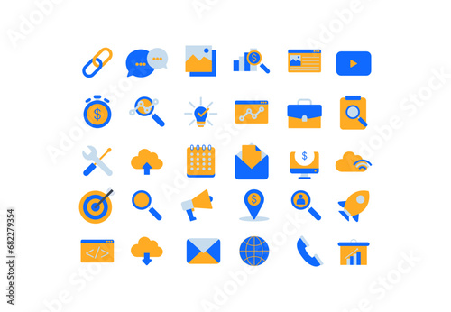 Search Engine Optimization icon set. Containing business and marketing, ranking, traffic, optimization, link and keyword. full color icons vector collection.