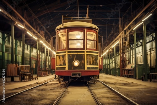 vintage style cable car stored in a depot