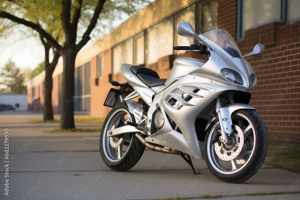 silver motorcycle parked outside school with sharp focus on bike chain