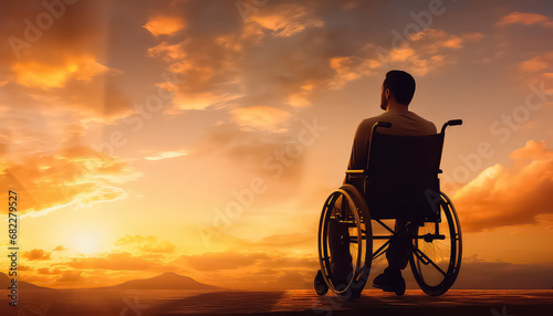 Man in wheelchair by river at sunset