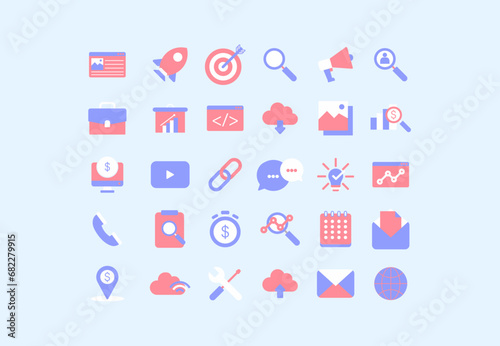 Search Engine Optimization Icon Pack: Business, Marketing, Traffic, Solid icons vector collection.