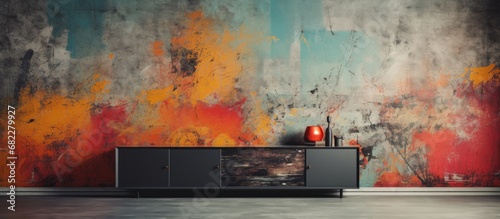 The vintage interior design of the room showcased an abstract and colorful wallpaper with a mix of black grunge texture, adding an old and retro concept to the overall artistic wall design.