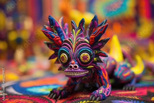 close-up of an intricate alebrije with a blurred mexican tapestry background