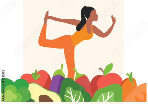 Woman doing yoga and eating heathy food vector illustration. Healthy lifestyle concept