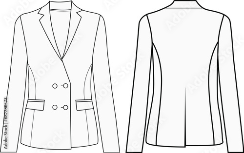  women blazer Vector line art outline breasted blazer collection for size charts ladies blazer illustration mockup design