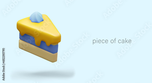 3D triangular piece of cake with yellow icing. Bright dessert with cream decoration. Vector layout of banner, header, flyer. Menu template. Illustration on blue background, place for text