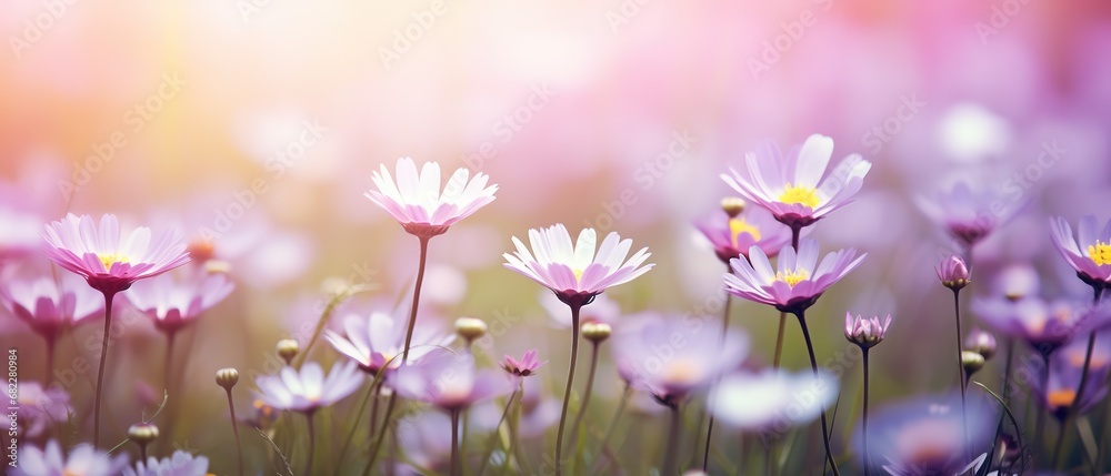 pink daisy blossom flower field with bokeh and glow light, dream like fantasy in misty morning wildflower meadow, Generative Ai