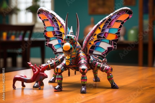 an alebrije with a wooden chess set on a polished mahogany table