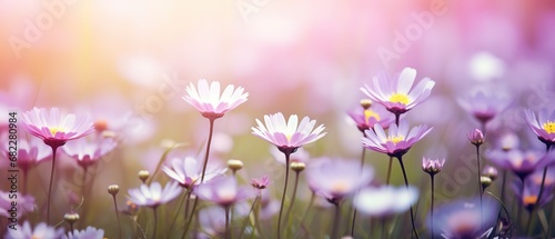 pink daisy blossom flower field with bokeh and glow light, dream like fantasy in misty morning wildflower meadow, Generative Ai