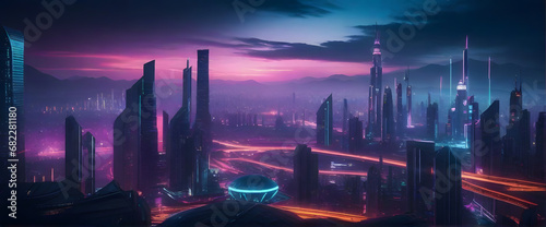 a futuristic  cyberpunk-inspired cityscape at night  with neon lights and holographic advertisements glowing brightly. Use a wide-angle lens and a cool color palette to evoke a sense of mystery and in