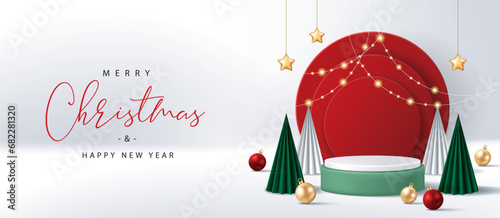 Christmas banner for product demonstration. Green pedestal or podium with baubles and Christmas trees on white background.