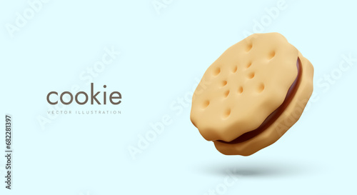 Realistic cookie sandwich with chocolate filling. Textured vector image. Advertising concept on colored background. Traditional sweet pastries, fast food