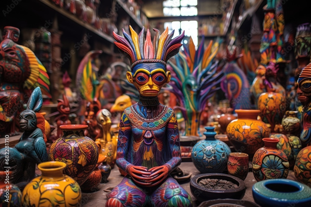 alebrije statue surrounded by traditional mexican pottery in a market