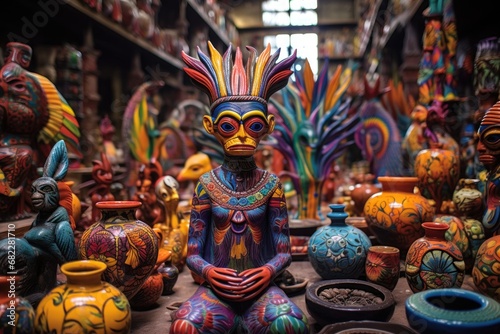alebrije statue surrounded by traditional mexican pottery in a market © primopiano