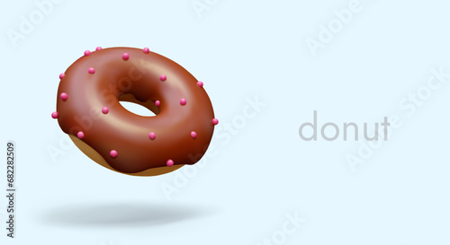Realistic donut with chocolate topping and pink sprinkles. Sweet decorated fast food. Hot glazed snack. Color advertising for social networks. Commercial for cafeteria