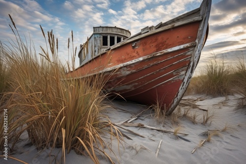 a weathered wooden boat half-buried in sand  overgrown with sea oats