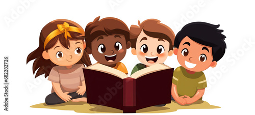Children Reading the Bible Illustration, Diverse Group, Isolated with Transparent Background