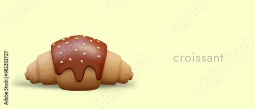 Vector 3D croissant with glaze and sesame seeds. Realistic sweet pastry, French dessert. Advertisement for takeaway food. Banner for street cafe, pastry shop. Header for culinary website, blog
