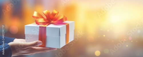Cgristmas gift in human hand on bokeh background, sales panorama. Generative Ai photo