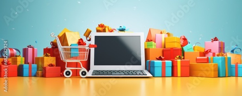 Shopping cartf full of christmas presents buy via internet, black friday sale panorama. Generative Ai