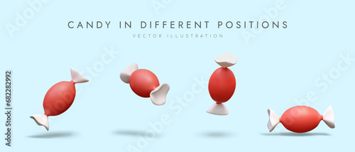 Oval candy in red wrapper, view from different sides. Realistic color illustration. Element of children holiday. Assortment of sweets shop. Vector set for web design