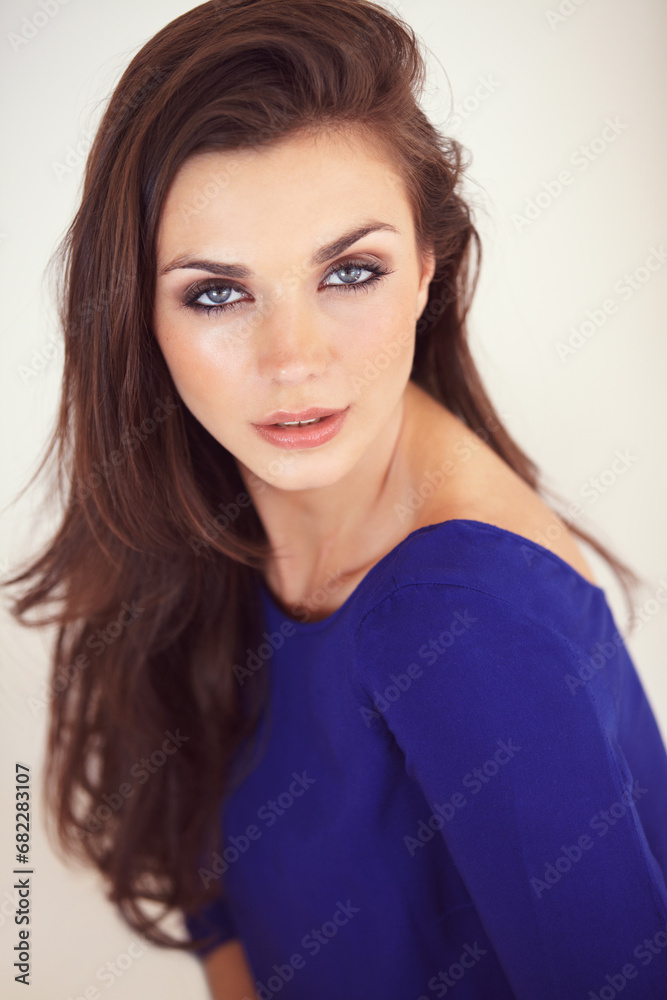 Woman, portrait and fashion with beauty, makeup and cosmetics with pose, confident and face. Skin, foundation and glow with hair, style and young model for cosmetology, dermatology and beautiful Woman, portrait and fashion with beauty, makeup and cosmetics with pose, confident and face. Skin, foundation and glow with hair, style and young model for cosmetology, dermatology and beautiful
