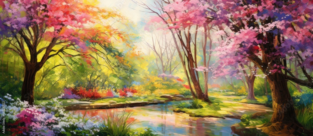 In the vibrant landscape of a summer garden, an abstract tapestry of colors and textures unfolds, as nature awakens with the arrival of spring, painting the forest with a kaleidoscope of green hues
