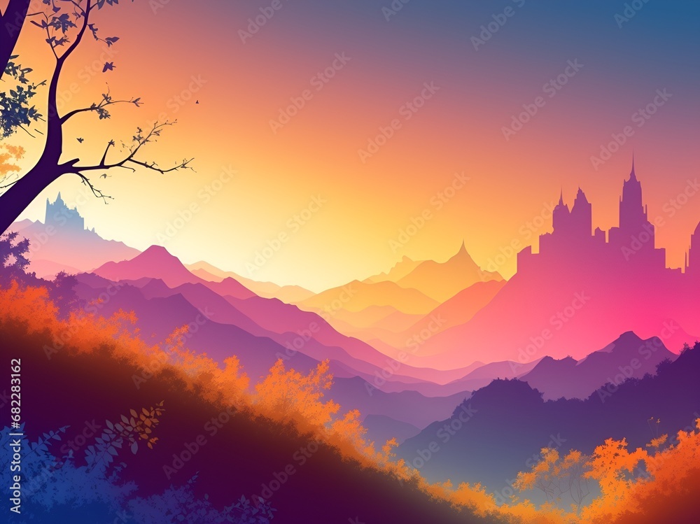 An artistic illustration of a castle amidst the mountains.