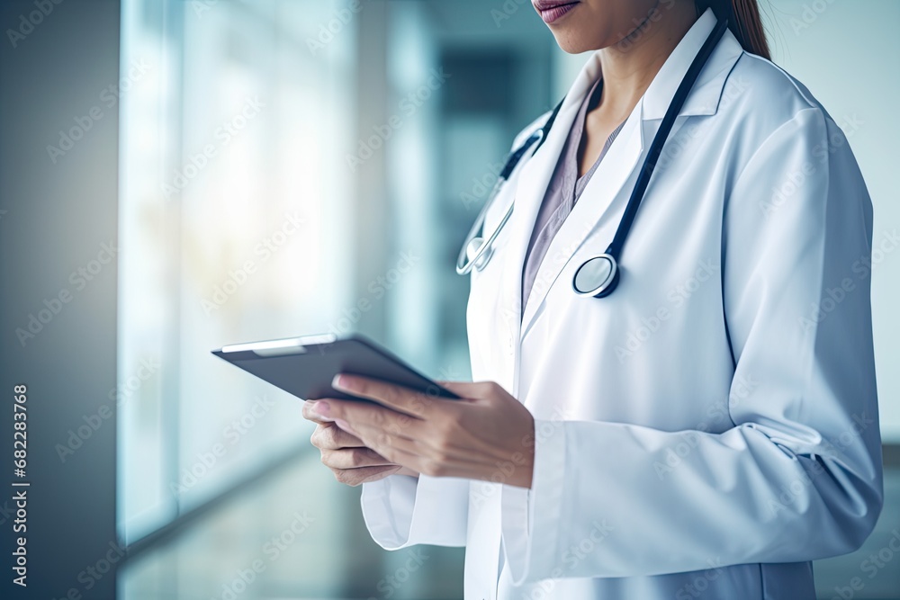 Handsome woman doctor in lab coat using tablet computer in clinic. Handsome woman doctor in lab coat using tablet computer in clinic.