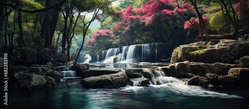 In the lush Asian forest, amidst the towering green trees and vibrant spring blooms, a majestic waterfall cascades down the rocks, creating a beautiful oasis of water, a true marvel of nature. photo