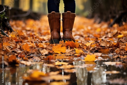 close-up of rubber boots stepping on a path covered with autumn leaves